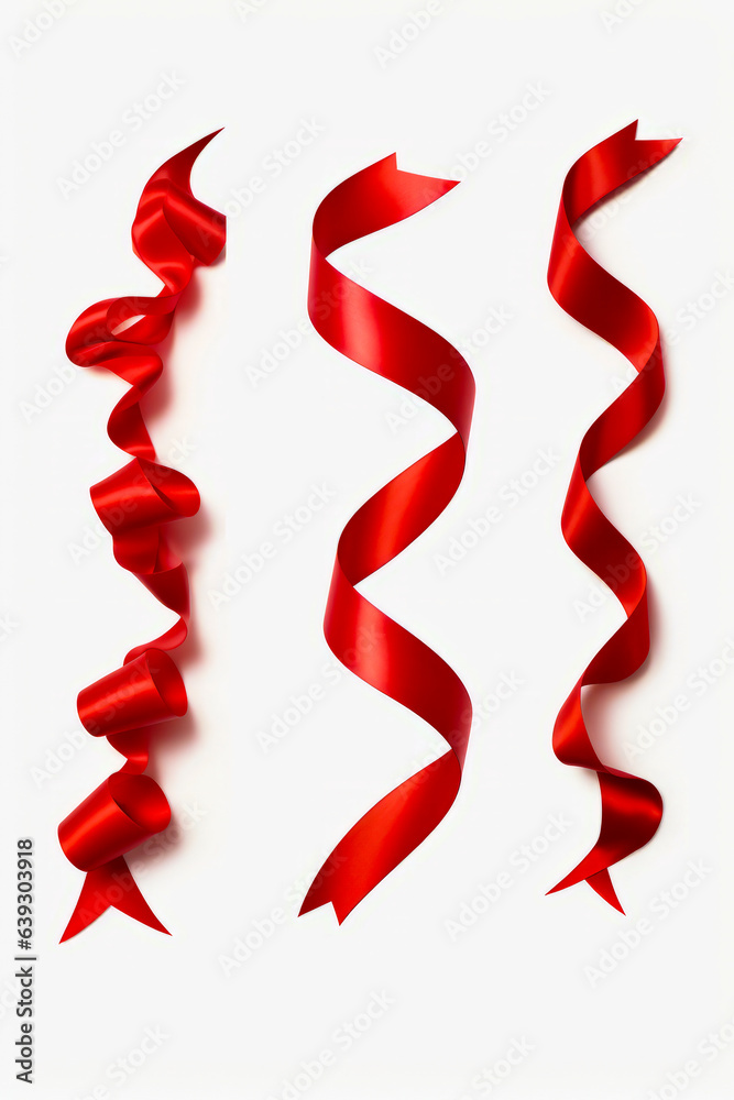 Red ribbon is hanging from white wall.