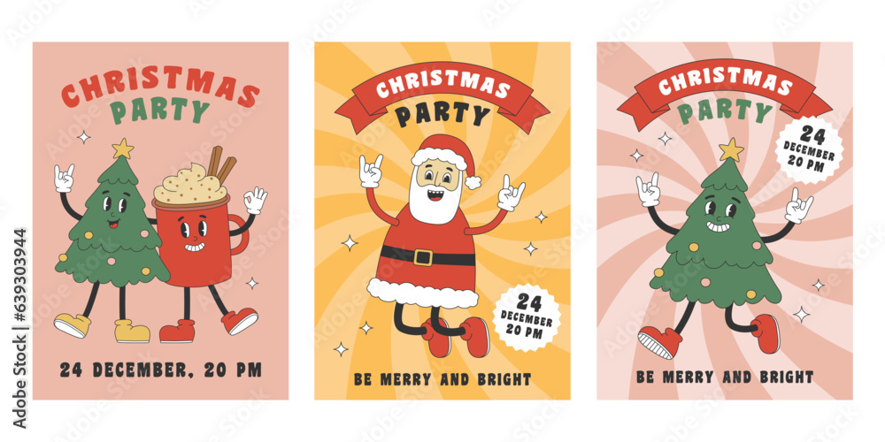 Set of Christmas party posters with groovy hippie Christmas characters. Template for party invitation, poster, banner, greeting card Set of Christmas party posters with groovy hippie Christmas characters. Template for party invitation, poster, banner, greeting card