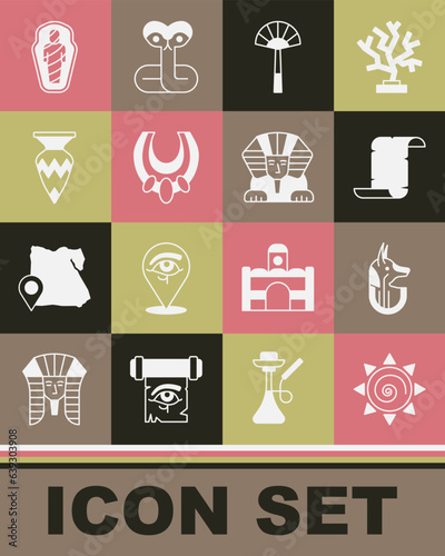 Set Sun, Egyptian anubis, Papyrus scroll, fan, necklace, vase, mummy in sarcophagus and Sphinx icon. Vector