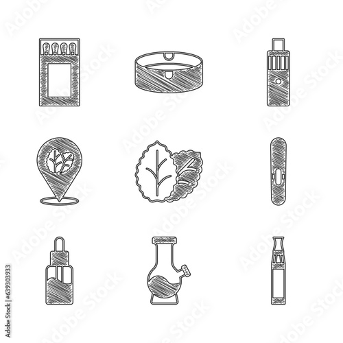 Set Tobacco leaf, Bong, Electronic cigarette, Cigar, Vape liquid bottle, mod device and Matchbox and matches icon. Vector