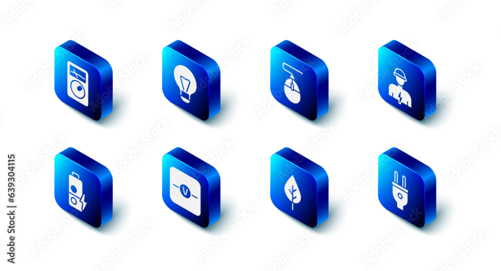 Set Creative lamp light idea, Computer mouse, Electrician, plug, Leaf Eco symbol, Voltmeter, Battery charge and Ampere multimeter icon. Vector Set Creative lamp light idea, Computer mouse, Electrician, plug, Leaf Eco symbol, Voltmeter, Battery charge and Ampere multimeter icon. Vector
