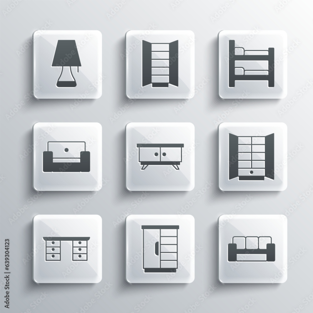Set Wardrobe, Sofa, Furniture nightstand, Office desk, Armchair, Table lamp and Bunk bed icon. Vector Set Wardrobe, Sofa, Furniture nightstand, Office desk, Armchair, Table lamp and Bunk bed icon. Vector