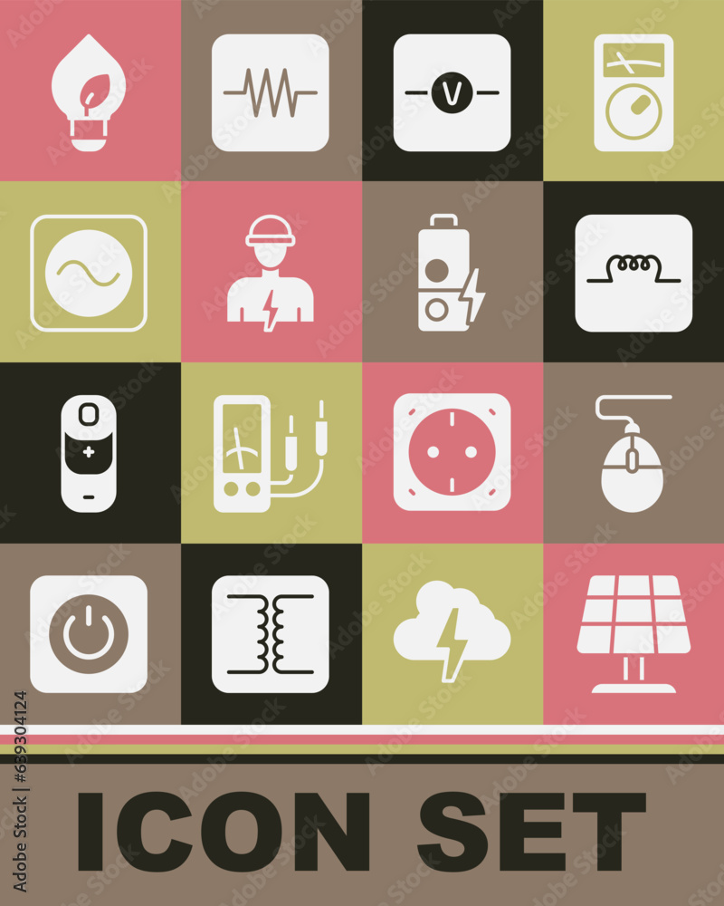 Set Solar energy panel, Computer mouse, Inductor in electronic circuit, Voltmeter, Electrician, AC voltage source, Light bulb with leaf and Battery charge icon. Vector Set Solar energy panel, Computer mouse, Inductor in electronic circuit, Voltmeter, Electrician, AC voltage source, Light bulb with leaf and Battery charge icon. Vector