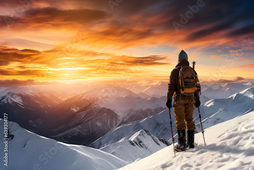 Snowy Sundown Rider Silhouetted hiker in Dazzling Twilight ai generated art