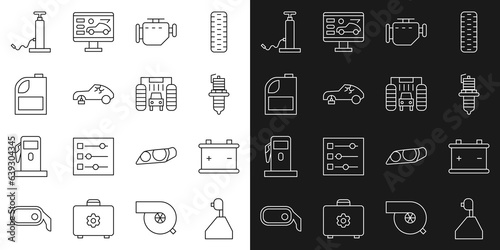 Set line Gear shifter, Car battery, spark plug, Check engine, Broken car, Canister for motor machine oil, air pump and wash icon. Vector