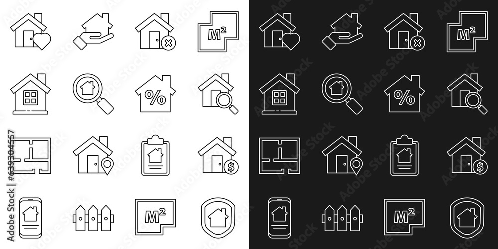 Set line House under protection, with dollar symbol, Search house, wrong mark, heart shape and percant discount icon. Vector Set line House under protection, with dollar symbol, Search house, wrong mark, heart shape and percant discount icon. Vector