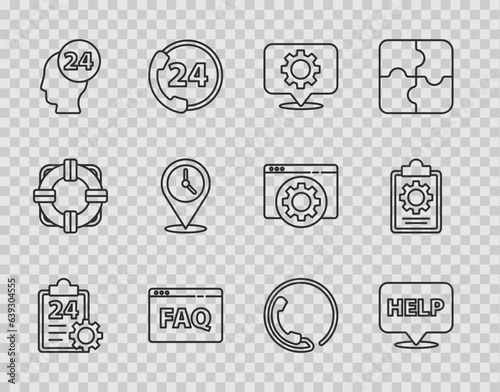 Set line Checklist with 24 hours service, Speech bubble text Help, Location gear, Browser FAQ, Support operator in touch, clock, Telephone support and icon. Vector