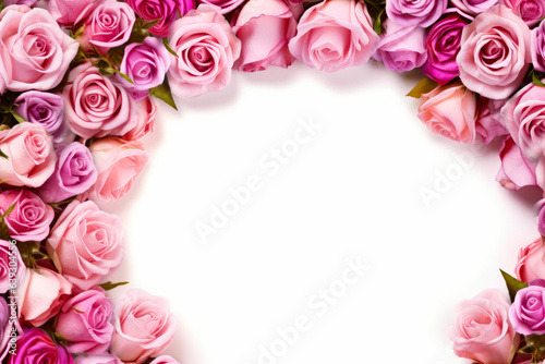 Bunch of pink roses arranged in square frame on white background.