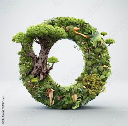 3d render letter O surrounded by Use a tree as the central element, with lush leaves and roots spreading out