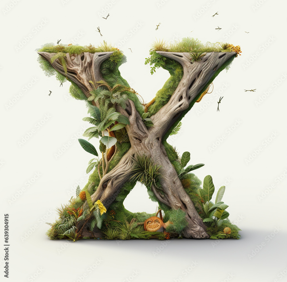 3d render letter X surrounded by Use a tree as the central element, with lush leaves and roots spreading out 3d render letter X surrounded by Use a tree as the central element, with lush leaves and roots spreading out