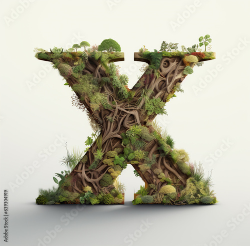 3d render letter X surrounded by Use a tree as the central element, with lush leaves and roots spreading out