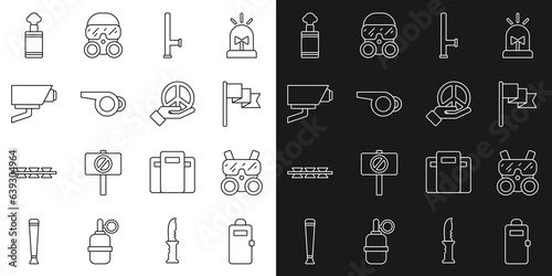 Set line Police assault shield, Gas mask, Location marker, rubber baton, Whistle, Security camera, Hand grenade and Peace icon. Vector