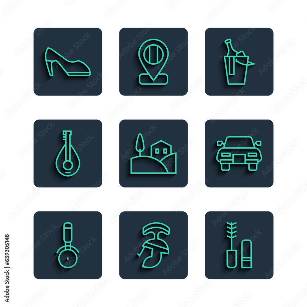 Set line Pizza knife, Roman army helmet, Mascara brush, Bottle of wine in bucket, Village landscape, Mandolin, Woman shoe and Car icon. Vector Set line Pizza knife, Roman army helmet, Mascara brush, Bottle of wine in bucket, Village landscape, Mandolin, Woman shoe and Car icon. Vector