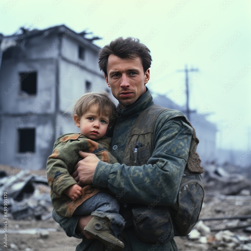 Brave soldier tenderly holds a small child in their arms Brave soldier tenderly holds a small child in their arms