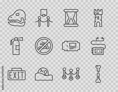 Set line Exit sign, Human broken bone, Old hourglass with sand, skull, Dinosaur, No Smoking, Rope barrier and Museum audio guide icon. Vector