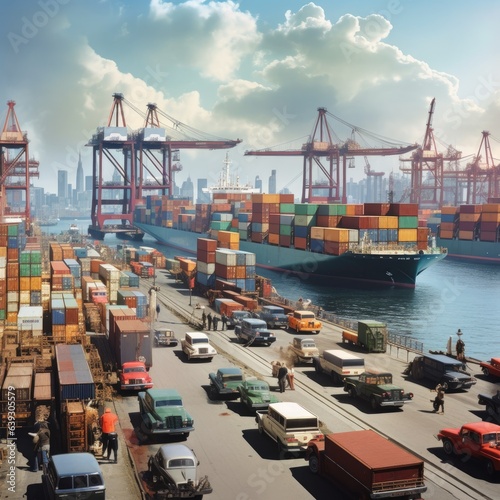 Vibrant and busy cargo port with ships, cranes, and containers