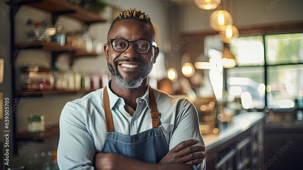 Portrait of happy African American man standing at doorway of her store. Cheerful mature waitress waiting for clients at coffee shop. Small Business Owner. Generative Ai Portrait of happy African American man standing at doorway of her store. Cheerful mature waitress waiting for clients at coffee shop. Small Business Owner. Generative Ai