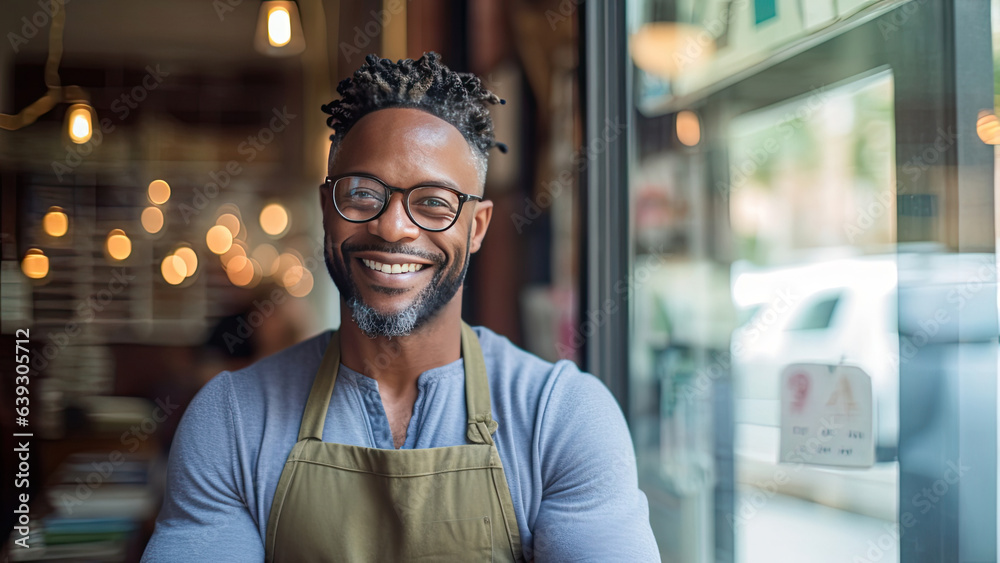 Portrait of happy African American man standing at doorway of her store. Cheerful mature waitress waiting for clients at coffee shop. Small Business Owner. Generative Ai Portrait of happy African American man standing at doorway of her store. Cheerful mature waitress waiting for clients at coffee shop. Small Business Owner. Generative Ai