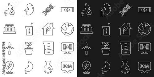 Set line DNA symbol, Earth globe, Laboratory glassware or beaker, Test tube and flask, Stomach heartburn and Eco friendly house icon. Vector