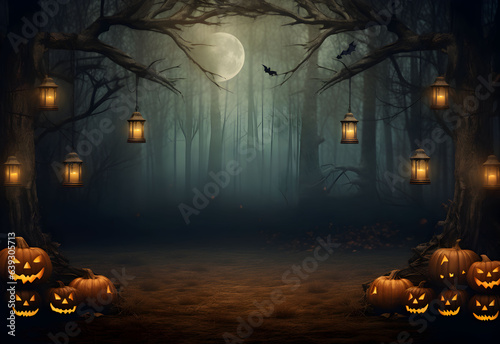 Halloween mystical dark forest mockup with pumpkins jack-o-lantern decorations and spooky background. Generated AI.