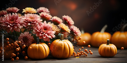 Festive autumn decoration with pumpkins, flowers and fall leaves. Thanksgiving day or Halloween banner concept.