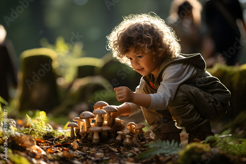 Happy child picking mushrooms in the autumn forest. Picking season and leisure people, fall concept.