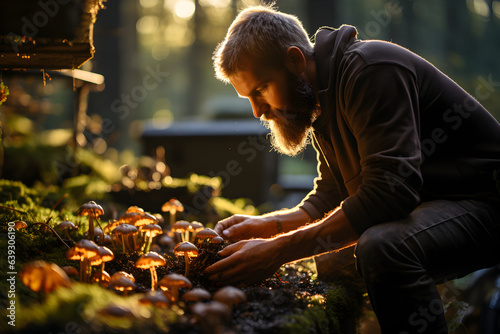Middle aged man picking mushrooms in the autumn forest. Picking season and leisure people, fall concept.