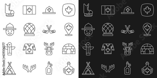 Set line Bottle of maple syrup, Igloo ice house, Canadian leaf, ranger hat, Montreal Biosphere, Skates and Ice hockey sticks icon. Vector