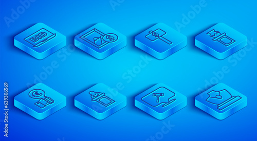 Set line Online auction, Auction painting, Hand holding paddle, auctioneer sells, hammer, ancient vase, and jewelry sale icon. Vector