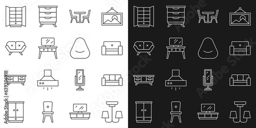 Set line Chandelier, Sofa, Armchair, Table with, Dressing table, Wardrobe and Pouf icon. Vector