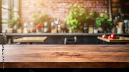 empty wooden table in modern style for product presentation with a blurred restaurant in the background © HandmadePictures