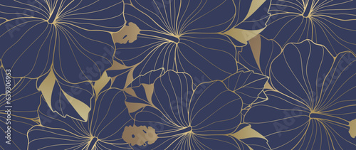 Blue luxury floral background with golden flowers. Background for decor, wallpapers, covers, postcards and presentations.