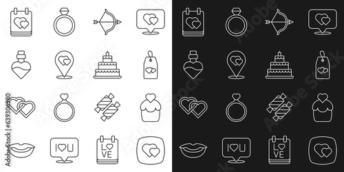 Set line Heart, Wedding cake, Please do not disturb with heart, Bow and arrow, Location, Bottle love potion, Calendar and icon. Vector