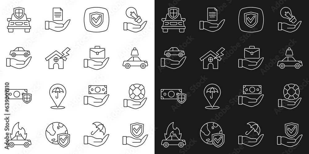 Set line Shield in hand, Lifebuoy, Car insurance, House lightning, and Hand holding briefcase icon. Vector