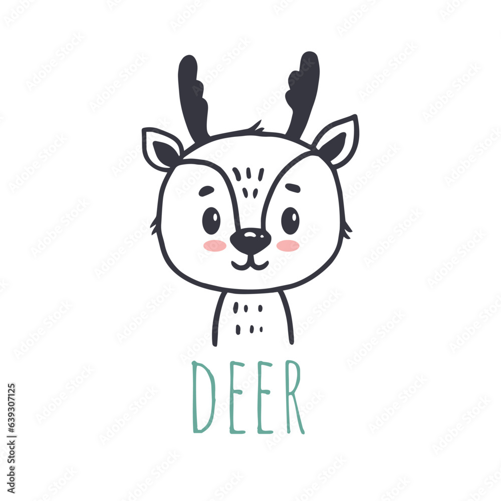 funny deer in cartoon style. Forest animal. Doodle illustration of deer head for cards, magazins, banners. Vector