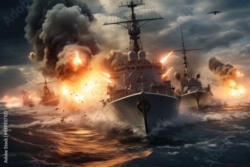 Epic battle of large naval ships on the open sea