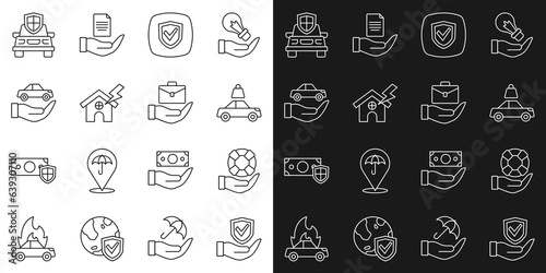 Set line Shield in hand  Lifebuoy  Car insurance  House lightning  and Hand holding briefcase icon. Vector