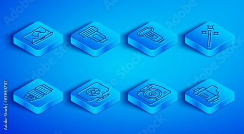 Set line Photo retouching, camera flash, Camera shutter, photo lens and film roll cartridge icon. Vector