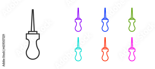 Black line Awl tool with wooden handle icon isolated on white background. Work equipment tailor industry. Set icons colorful. Vector