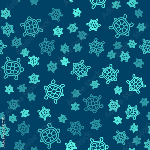 Green line Turtle icon isolated seamless pattern on blue background. Vector
