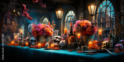 illustration of festive luxury Halloween table with skulls, flowers, drinks, pumpkins