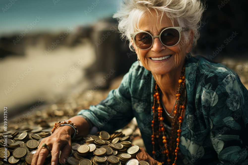 old aged crazy funny women with lots of money - obrazy, fototapety, plakaty 