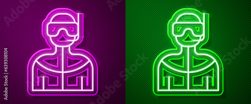 Glowing neon line Wetsuit for scuba diving icon isolated on purple and green background. Diving underwater equipment. Vector
