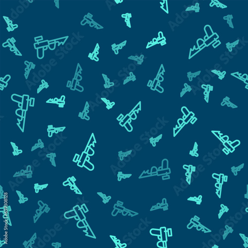 Green line Fishing harpoon icon isolated seamless pattern on blue background. Fishery manufacturers for catching fish under water. Diving underwater equipment. Vector