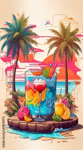 colored fruits cocktail on the abstract background, colored background
