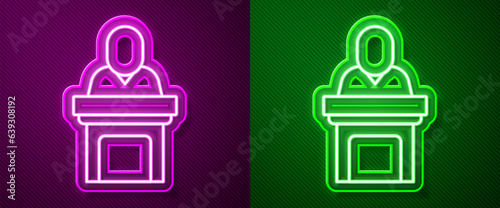 Glowing neon line Church pastor preaching icon isolated on purple and green background. Vector