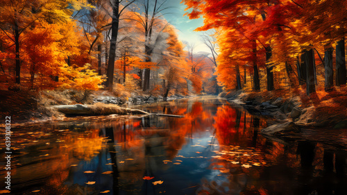 Herbstlandschaft mit Fluss. Generiert mit KI