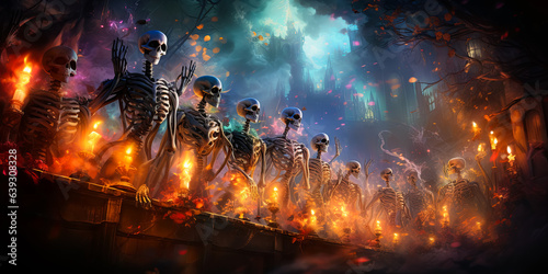 Skeletons on the night of Halloween. Scary night, dark atmosphere. Halloween Background. Skulls
