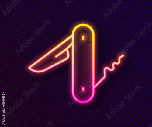 Glowing neon line Swiss army knife icon isolated on black background. Multi-tool, multipurpose penknife. Multifunctional tool. Vector