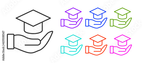 Black line Education grant icon isolated on white background. Tuition fee, financial education, budget fund, scholarship program, graduation hat. Set icons colorful. Vector